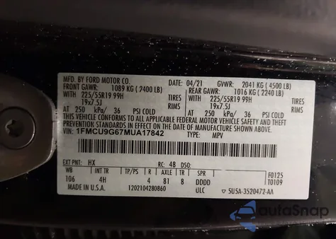 2021 Ford Escape Se из США, поврежденный, VIN 1FMCU9G67MUA17842